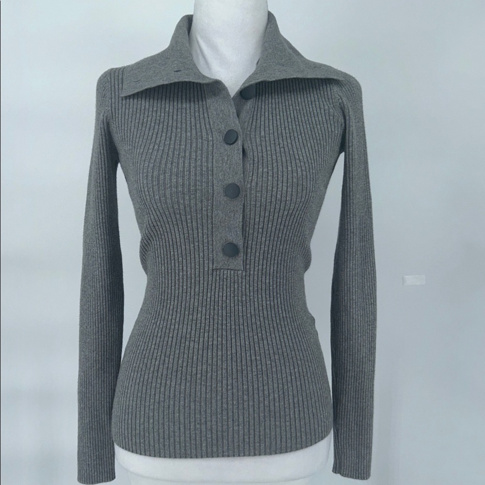 Reiss Grey Ribbed Knit Polo Top Button Front Long Sleeve Size S - Picture 4 of 11